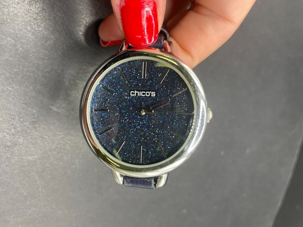 Chico's Sparkling Navy Dial Watch Silver Tone Slim Genuine Leather Band